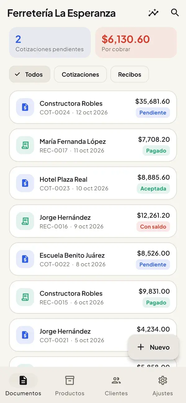 Cotizy: cotizaciones y recibos con lo que falta cobrar
