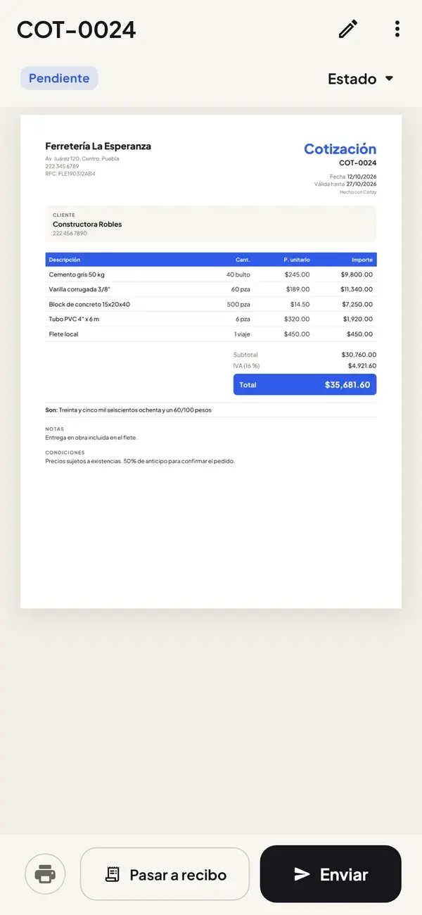 Cotizy: cotización en PDF lista para enviar