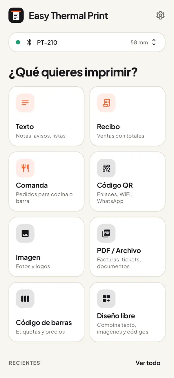 Easy Thermal Print: menú para elegir qué imprimir