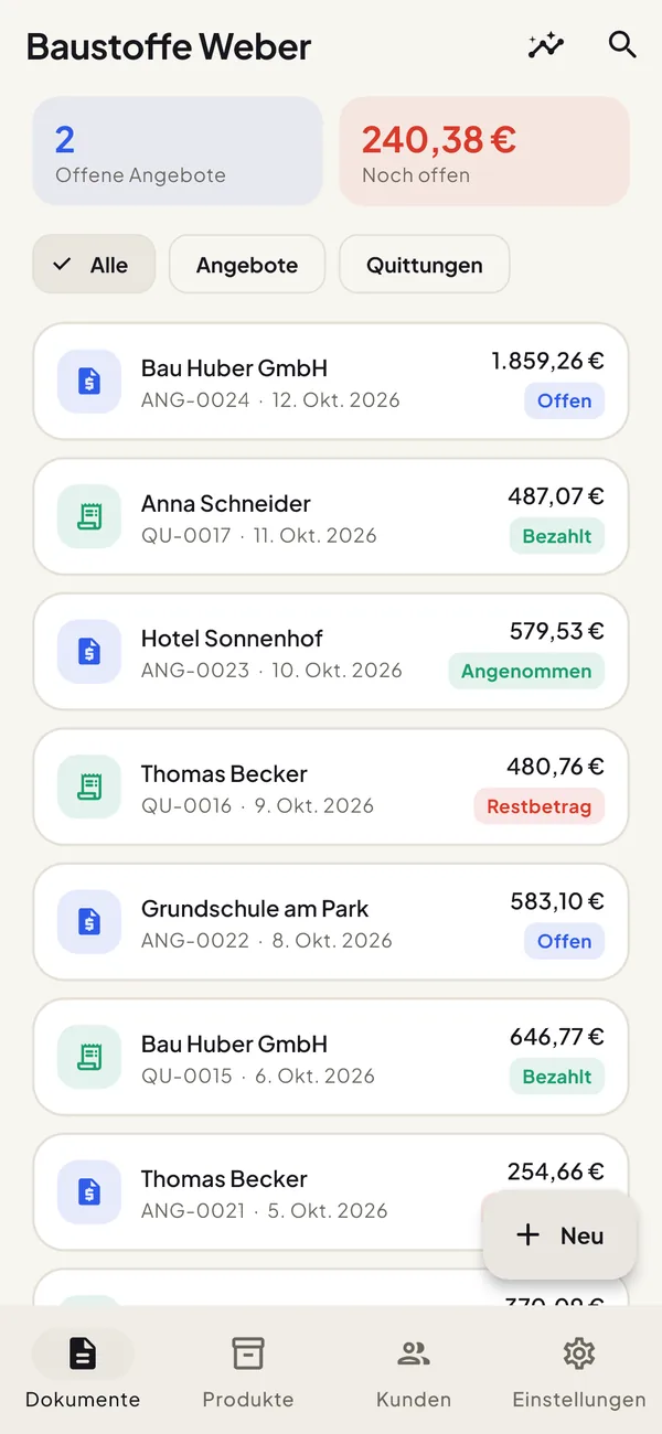 Startbildschirm von Cotizy: offene Angebote, noch offene Beträge und die Liste der Angebote und Quittungen