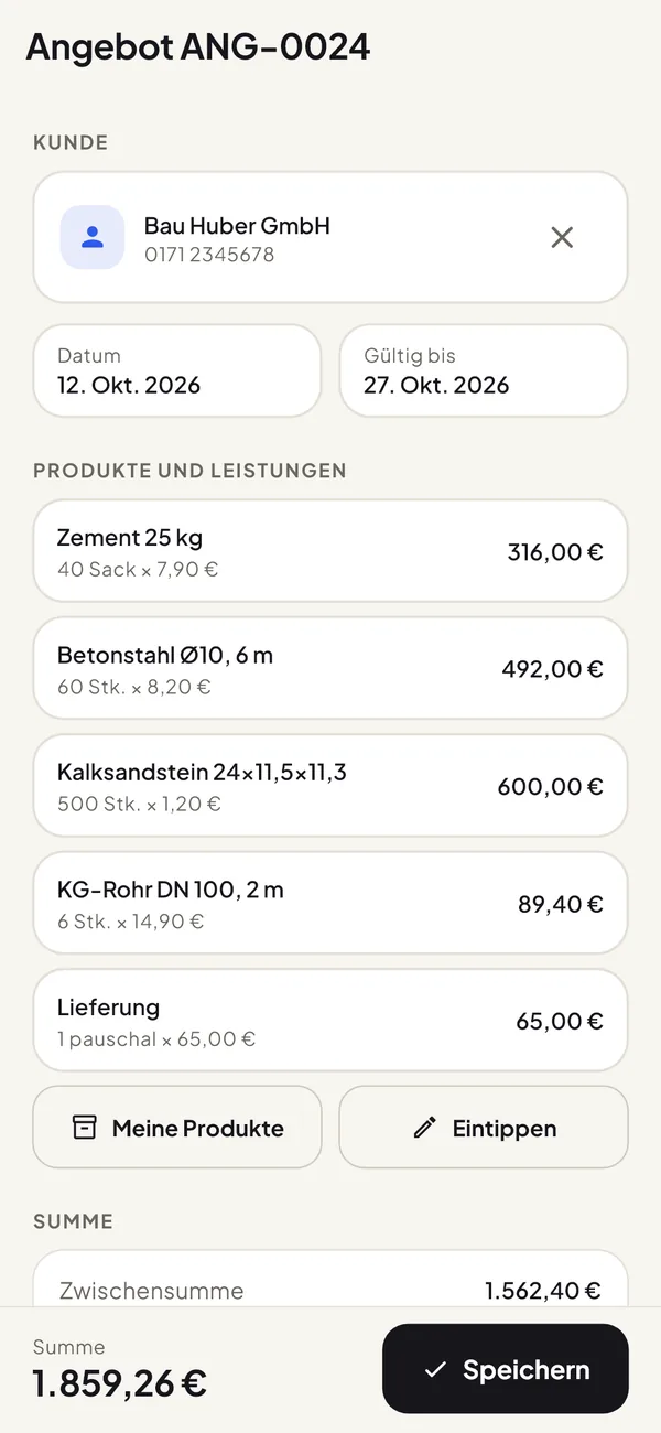 Angebot mit Kunde, Datum, Produkten und Summe