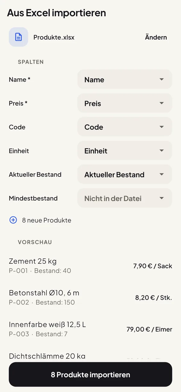 Bildschirm zum Importieren von Produkten aus einer Excel-Datei