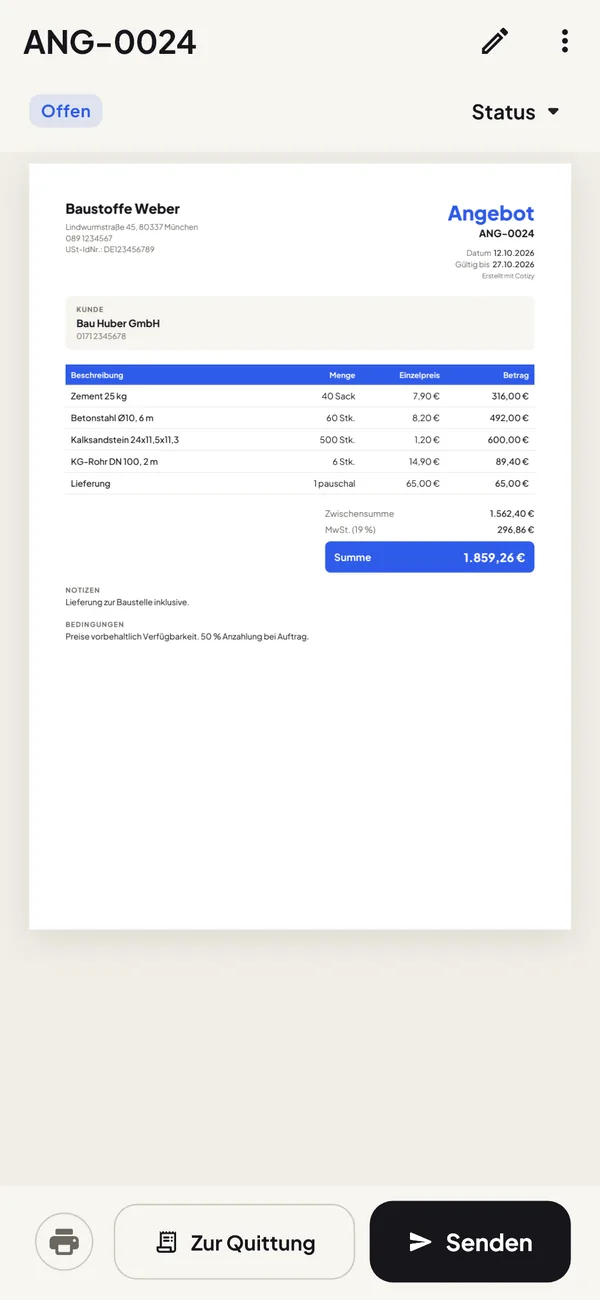 PDF-Vorschau eines Angebots mit Produkten, Summen und Bedingungen