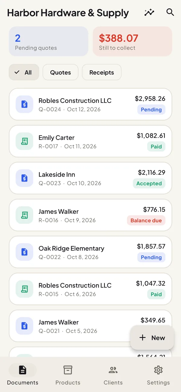 Cotizy home screen: pending quotes, money still to collect and the list of quotes and receipts
