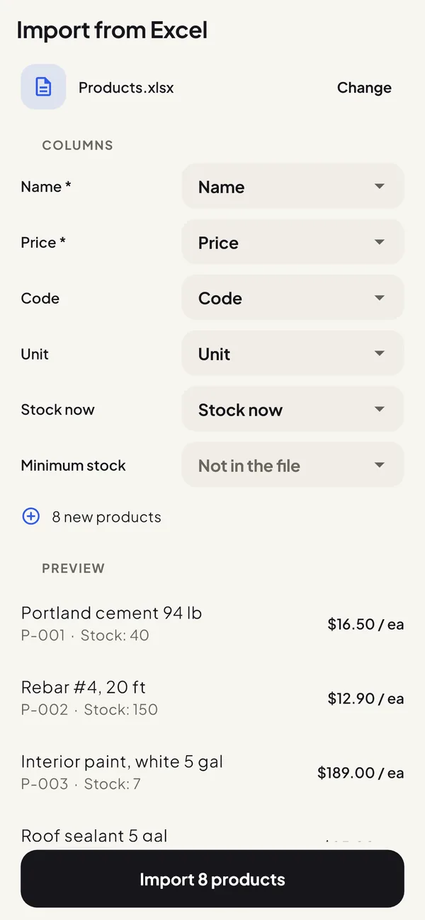 Screen to import products from an Excel file