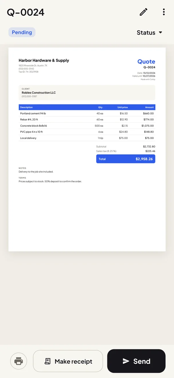 PDF preview of a quote with products, totals and terms