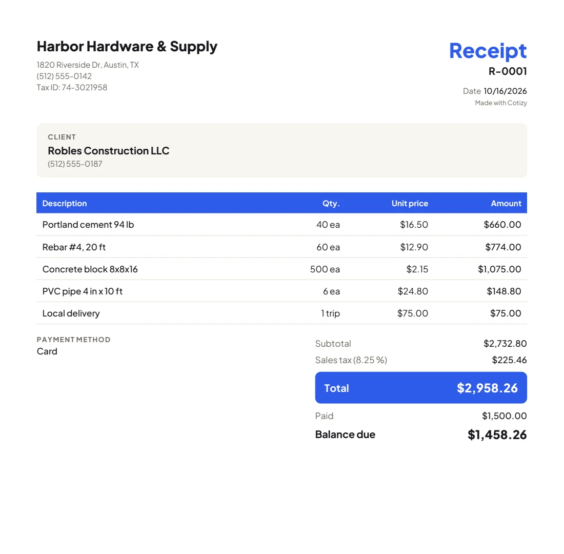 Cotizy receipt with the total, the amount paid, the balance due and the payment method