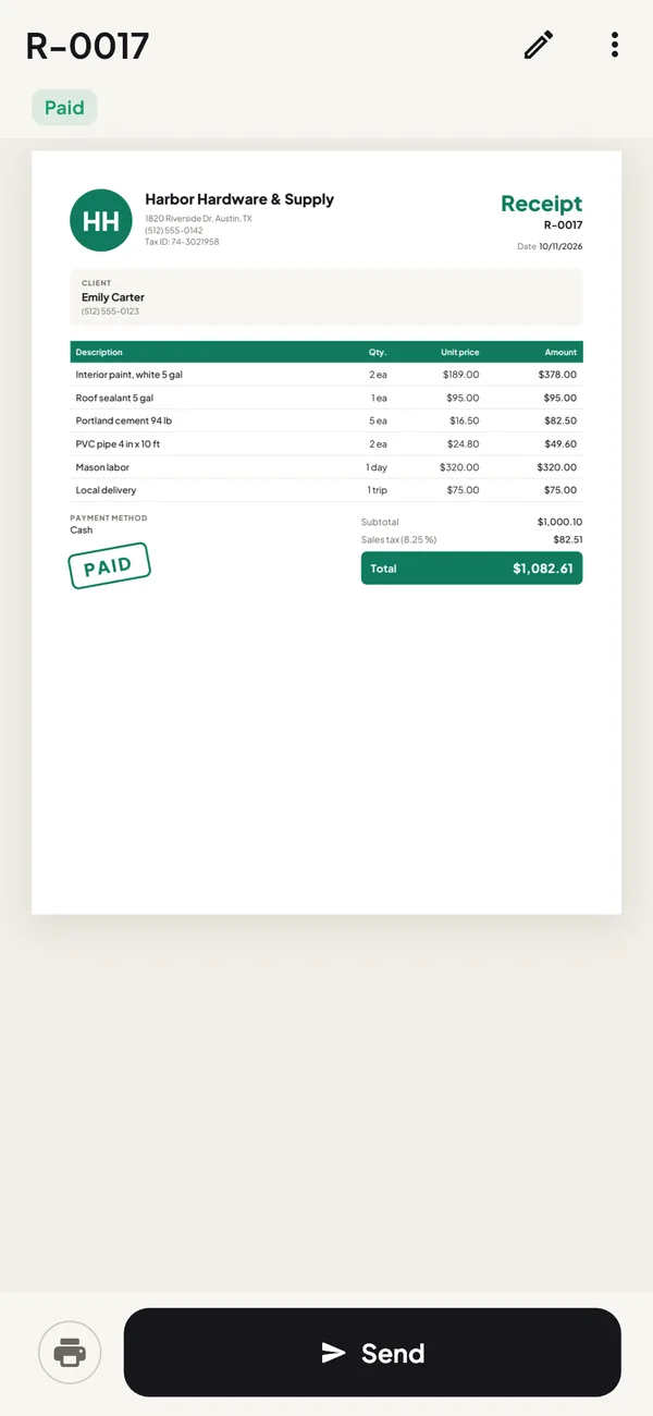 Paid receipt with the business logo and a paid stamp