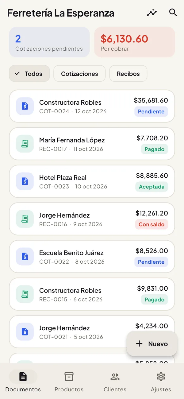 Pantalla principal de Cotizy: cotizaciones pendientes, lo que hay por cobrar y la lista de cotizaciones y recibos