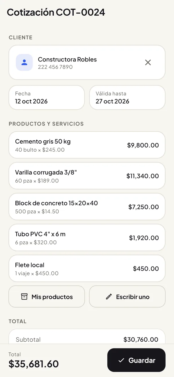 Cotización con cliente, fechas, productos y total