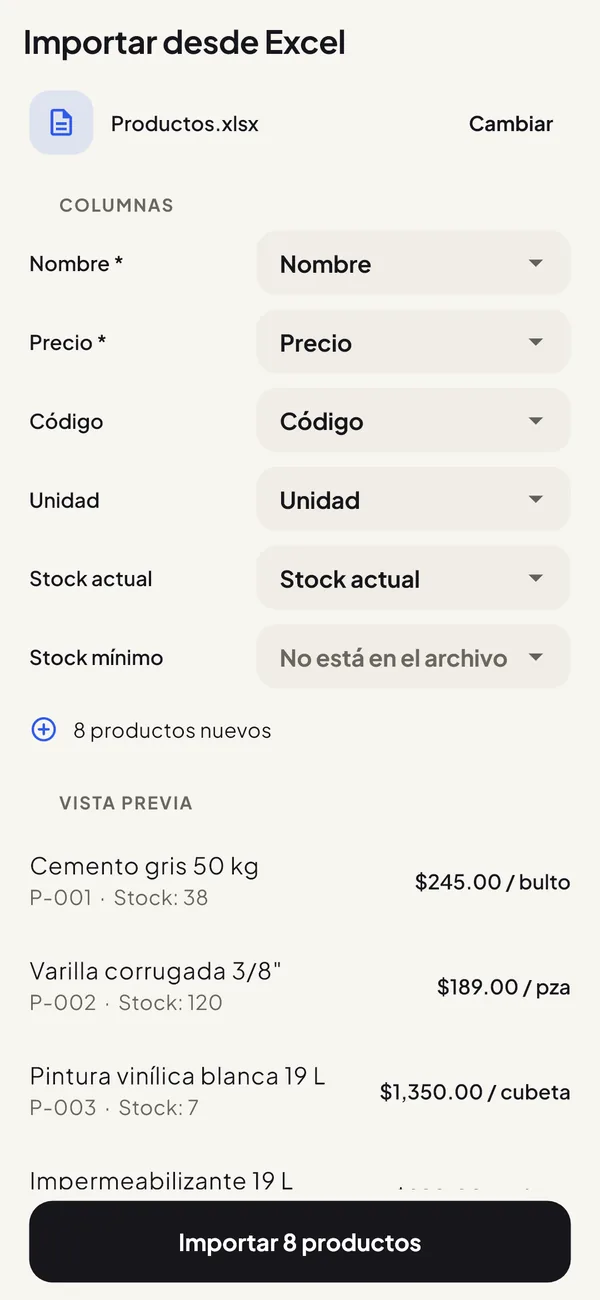 Pantalla para importar productos desde un archivo de Excel