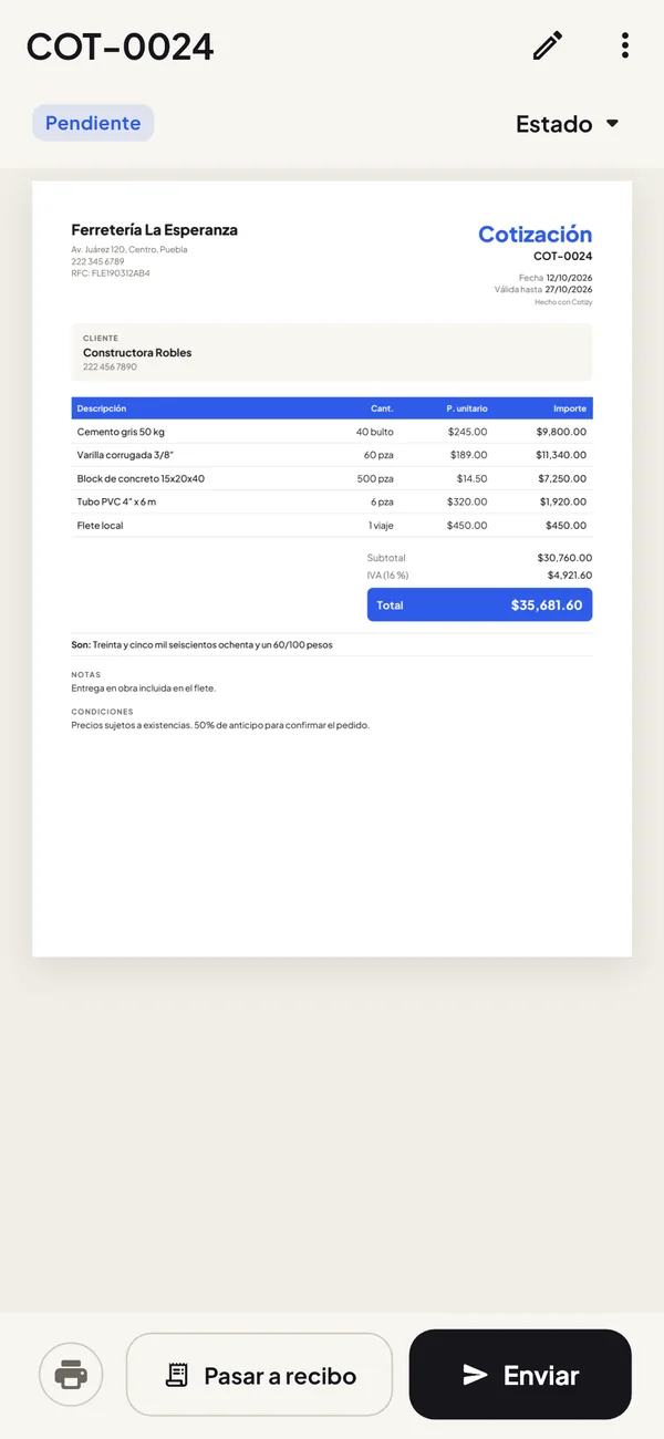 Vista previa del PDF de una cotización con productos, totales y condiciones