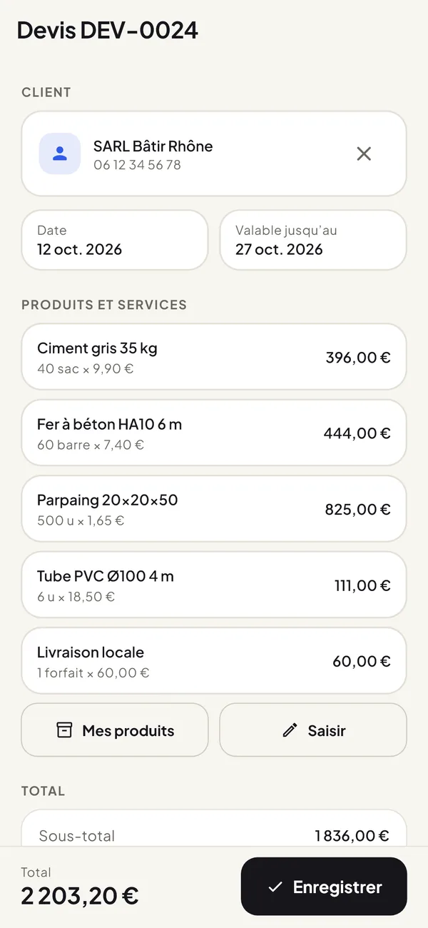 Devis avec client, dates, produits et total