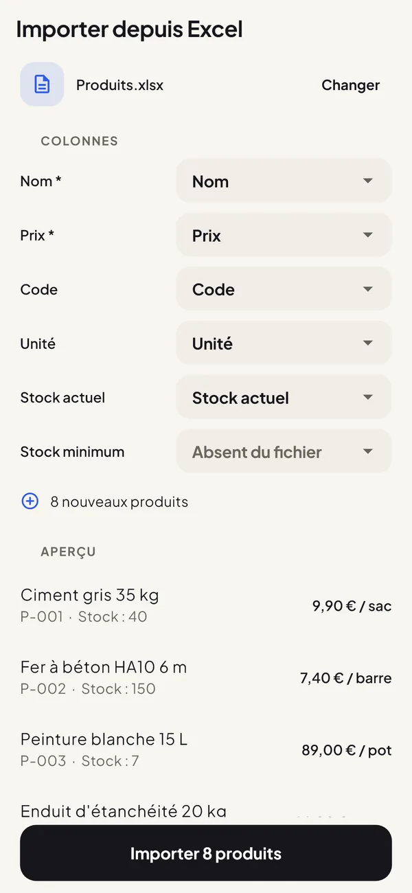 Écran pour importer des produits depuis un fichier Excel