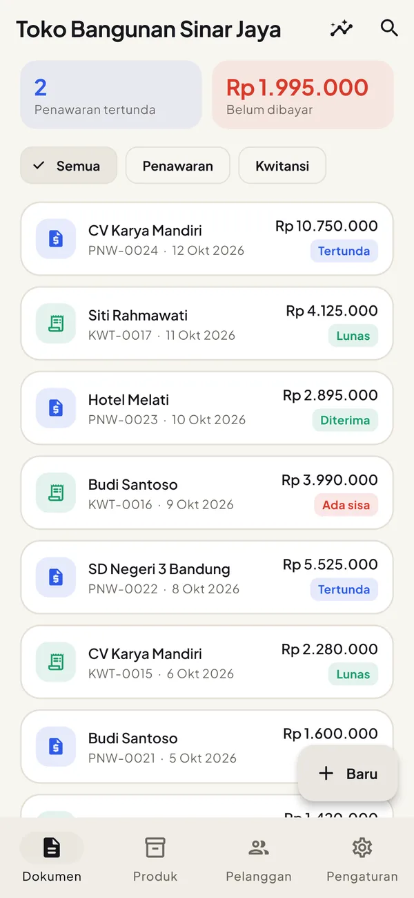 Layar utama Cotizy: penawaran yang menunggu, sisa tagihan, dan daftar penawaran serta kwitansi