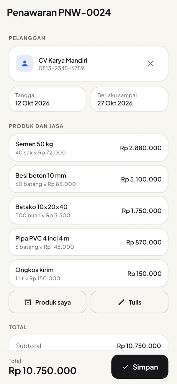 Penawaran dengan pelanggan, tanggal, produk, dan total