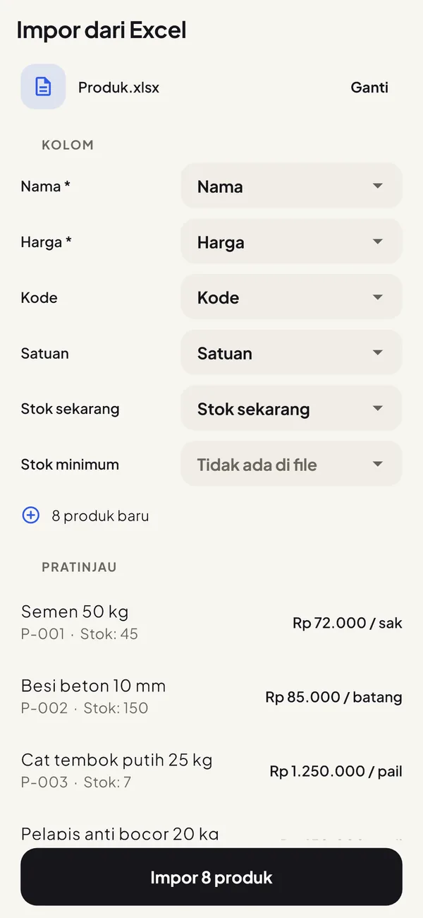 Layar untuk mengimpor produk dari file Excel