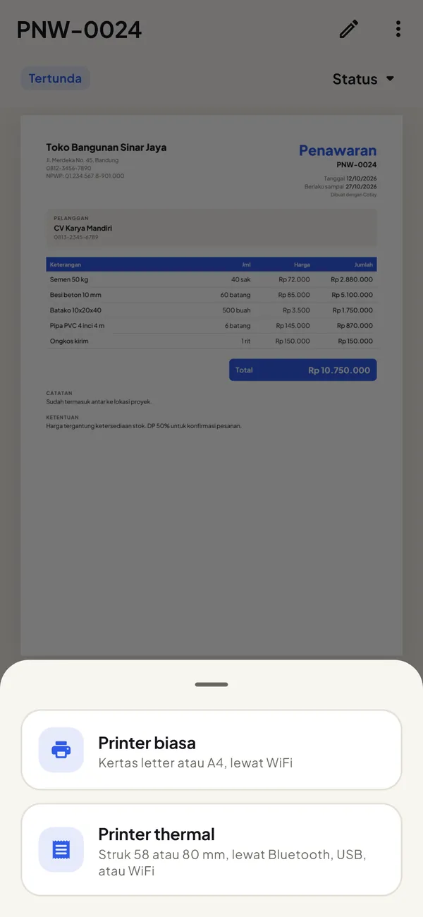 Pilihan mencetak di printer biasa atau printer thermal