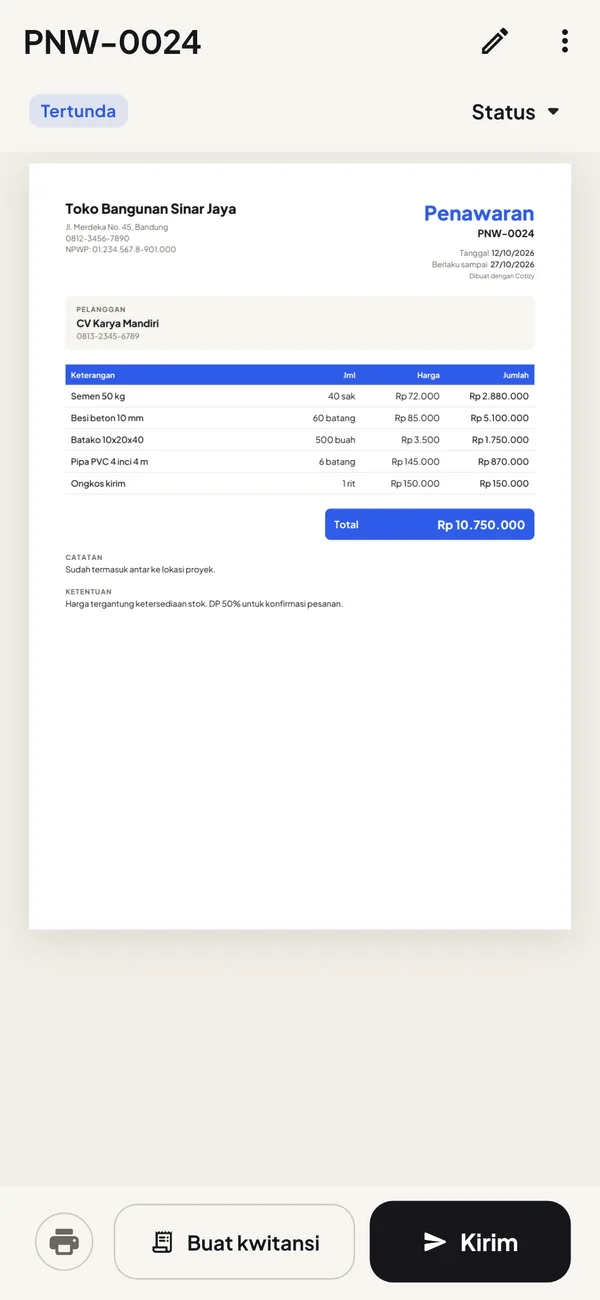 Pratinjau PDF penawaran dengan produk, total, dan ketentuan