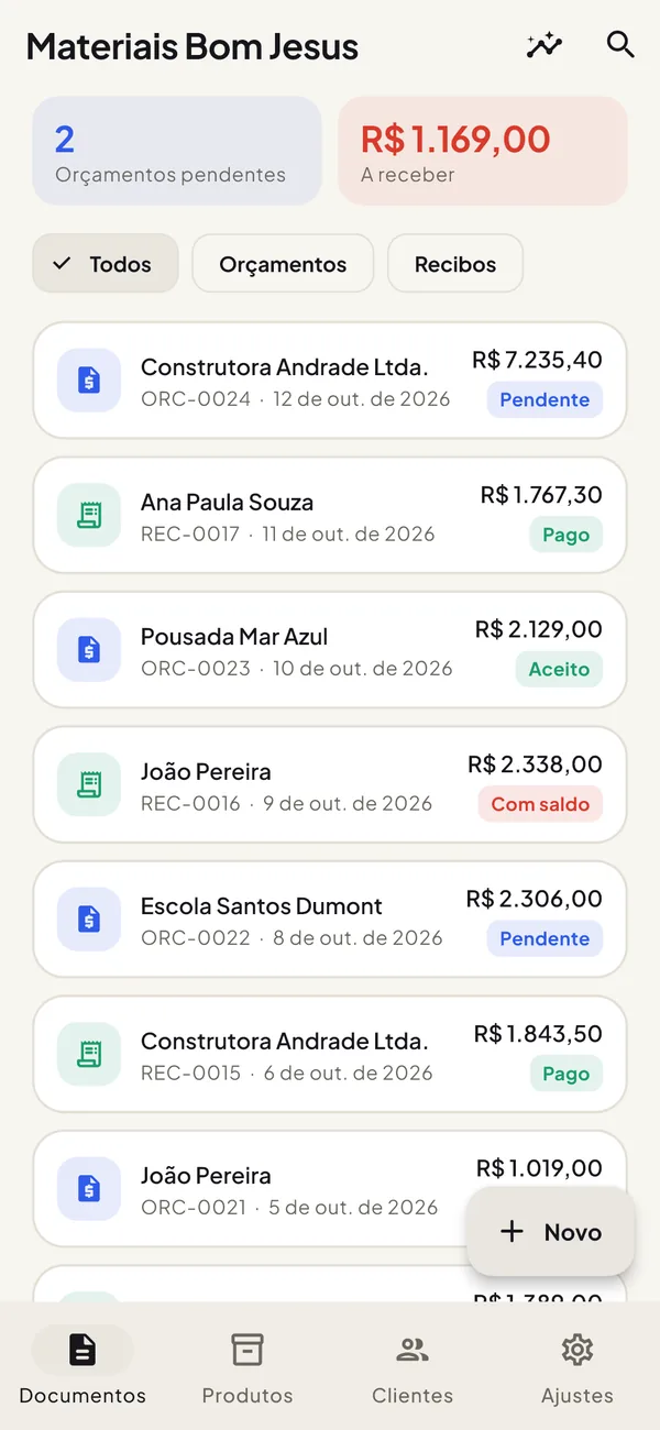Tela inicial do Cotizy: orçamentos pendentes, o que falta receber e a lista de orçamentos e recibos