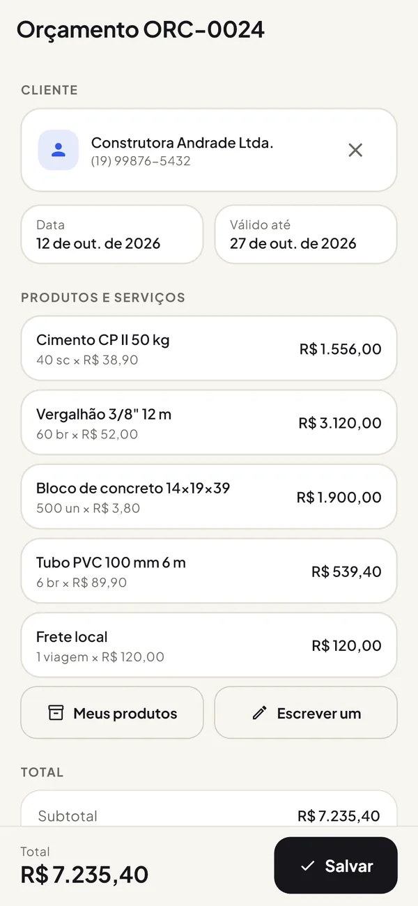 Orçamento com cliente, datas, produtos e total