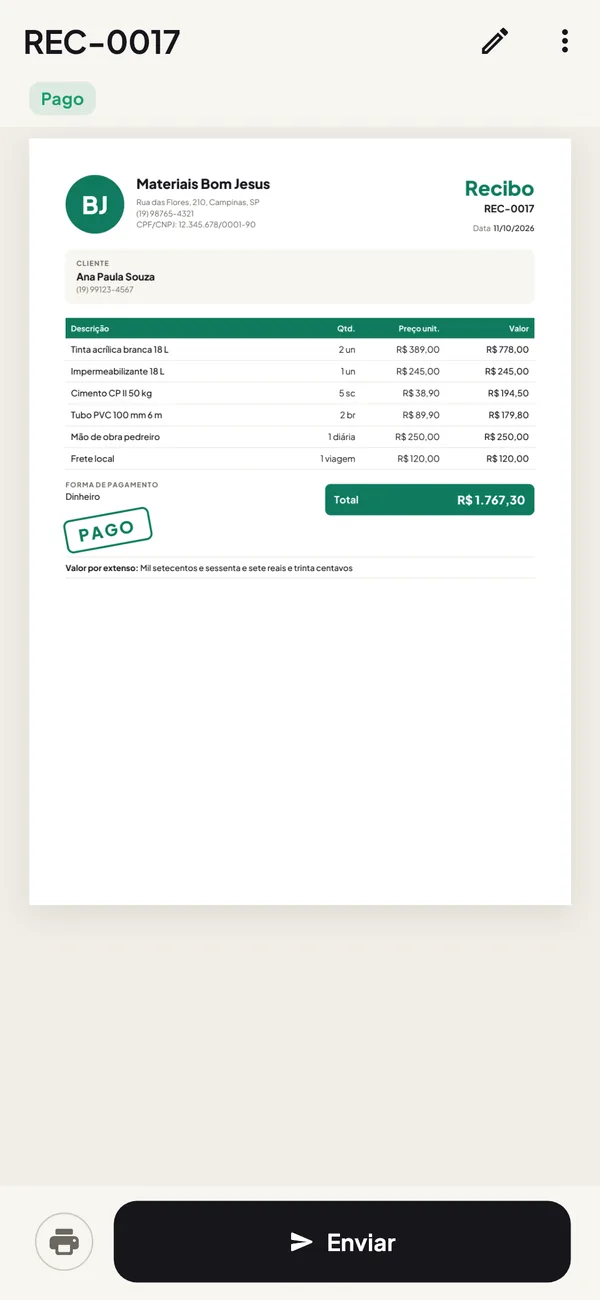 Recibo pago com o logotipo do negócio e o carimbo de pago