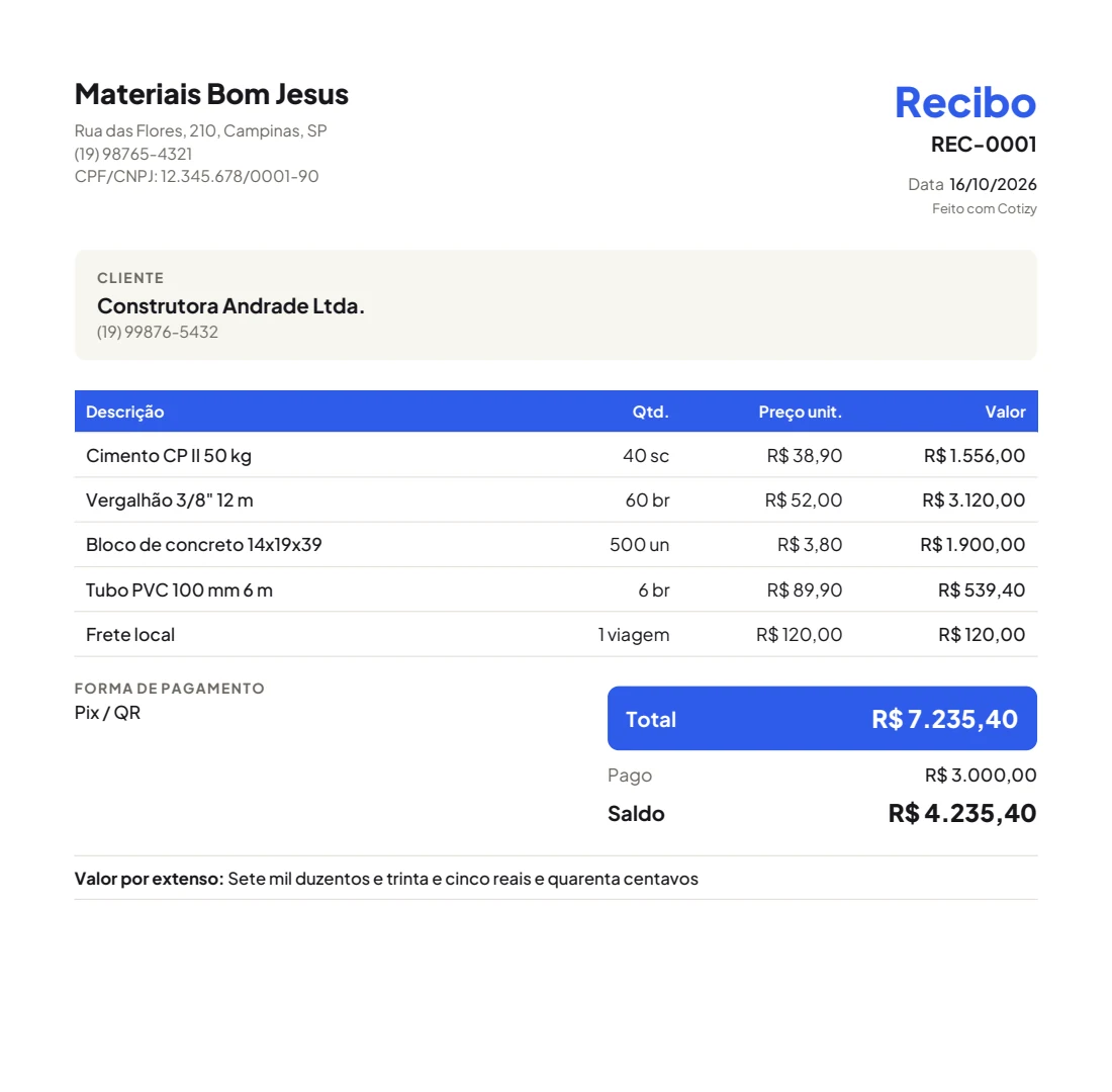 Recibo do Cotizy com total, valor pago, saldo, forma de pagamento e valor por extenso