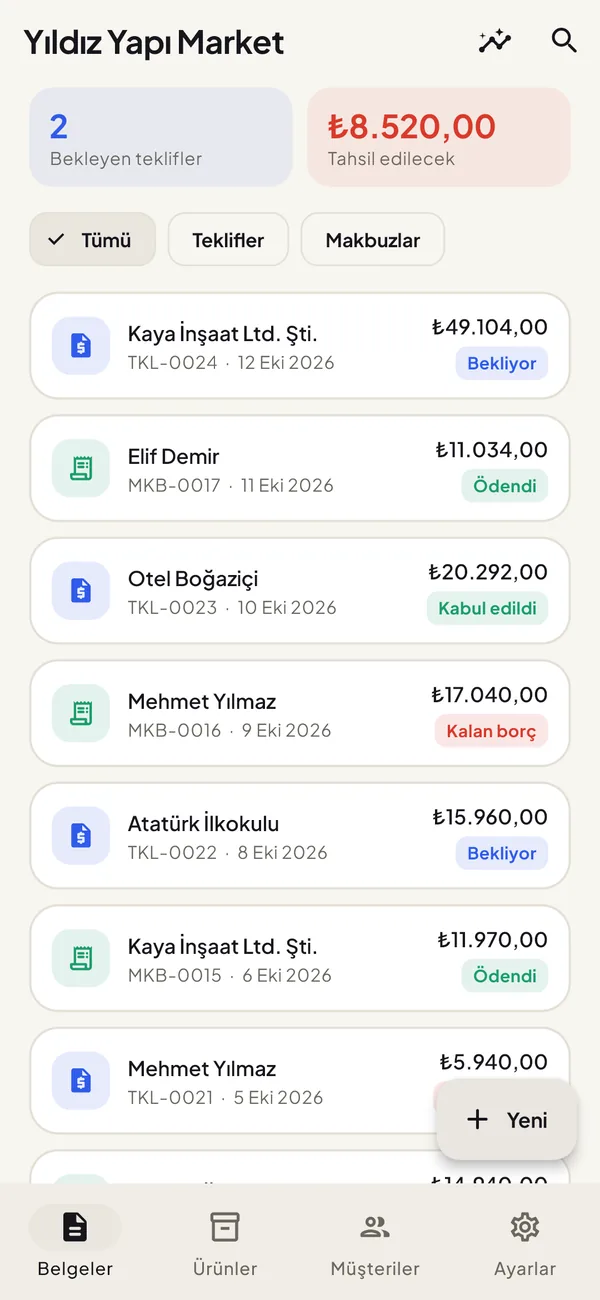 Cotizy ana ekranı: bekleyen teklifler, tahsil edilecek tutar ve teklif ile makbuz listesi
