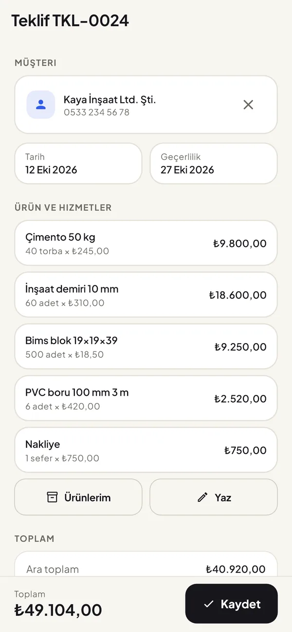 Müşteri, tarihler, ürünler ve toplamla bir teklif