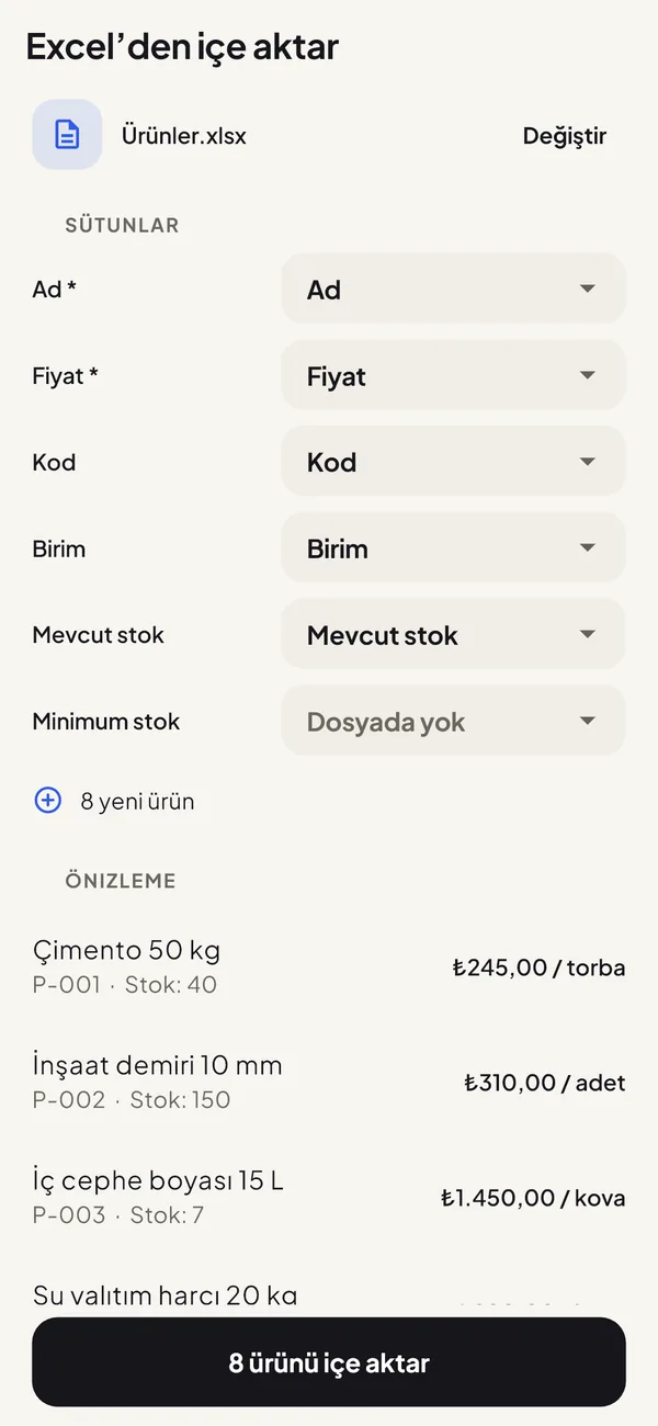 Excel dosyasından ürün içe aktarma ekranı
