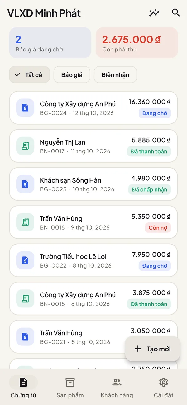 Màn hình chính của Cotizy: báo giá đang chờ, số tiền còn phải thu và danh sách báo giá, biên nhận