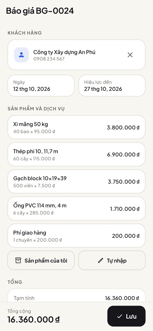 Báo giá với khách hàng, ngày, sản phẩm và tổng tiền