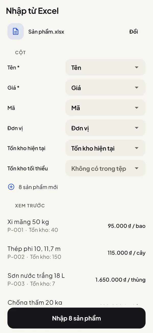 Màn hình nhập sản phẩm từ tệp Excel