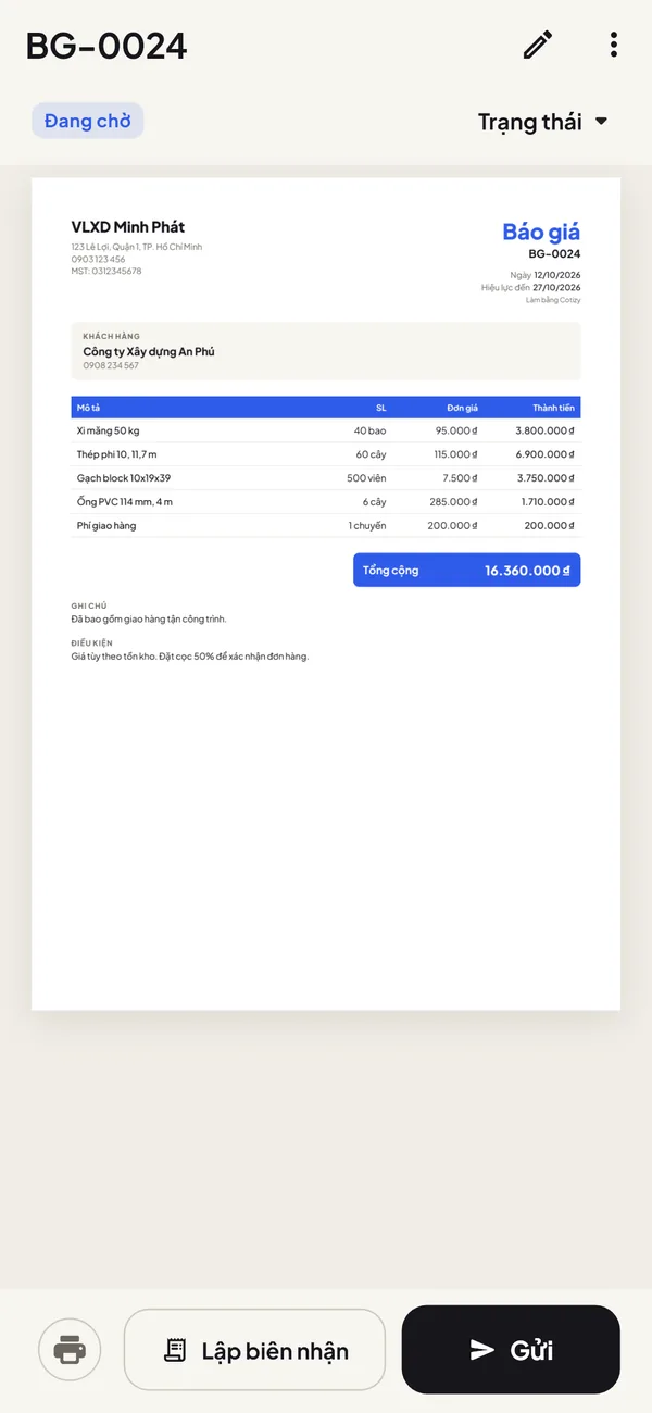Xem trước PDF báo giá với sản phẩm, tổng tiền và điều kiện