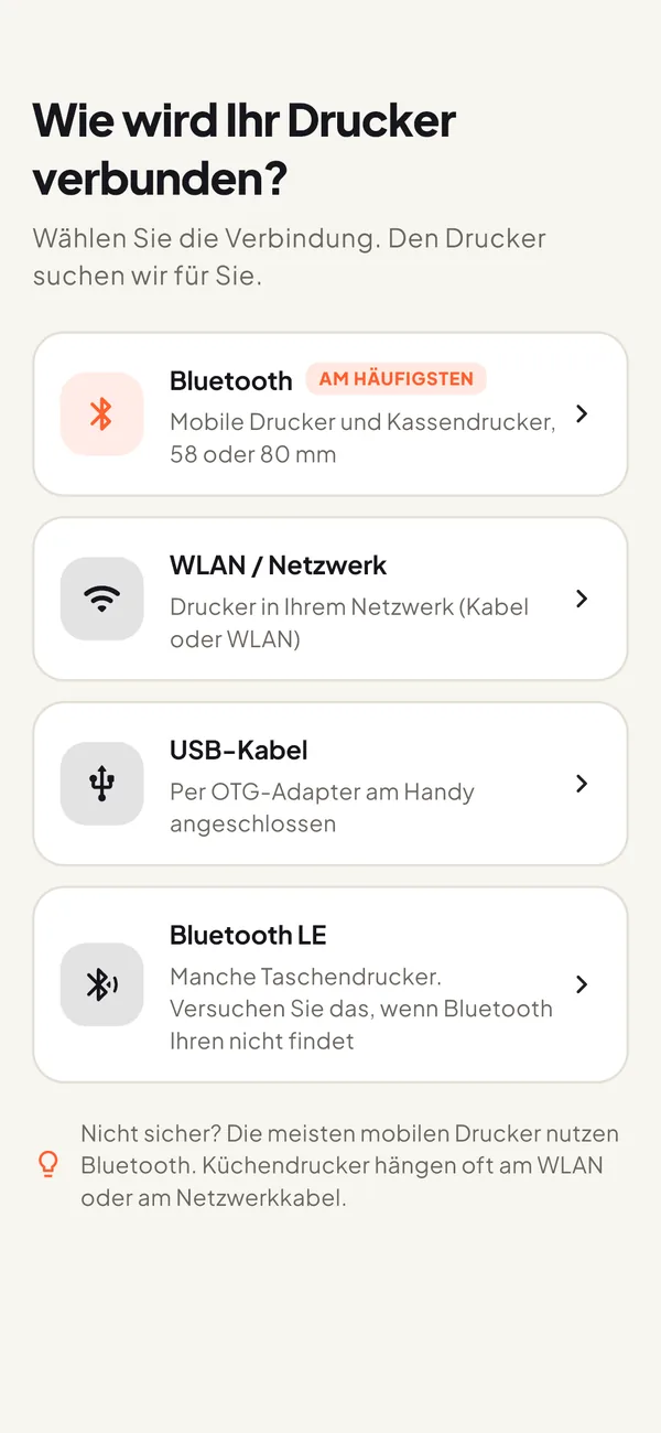 Verbindungsbildschirm: Bluetooth, WLAN oder Netzwerk, USB-Kabel und Bluetooth LE