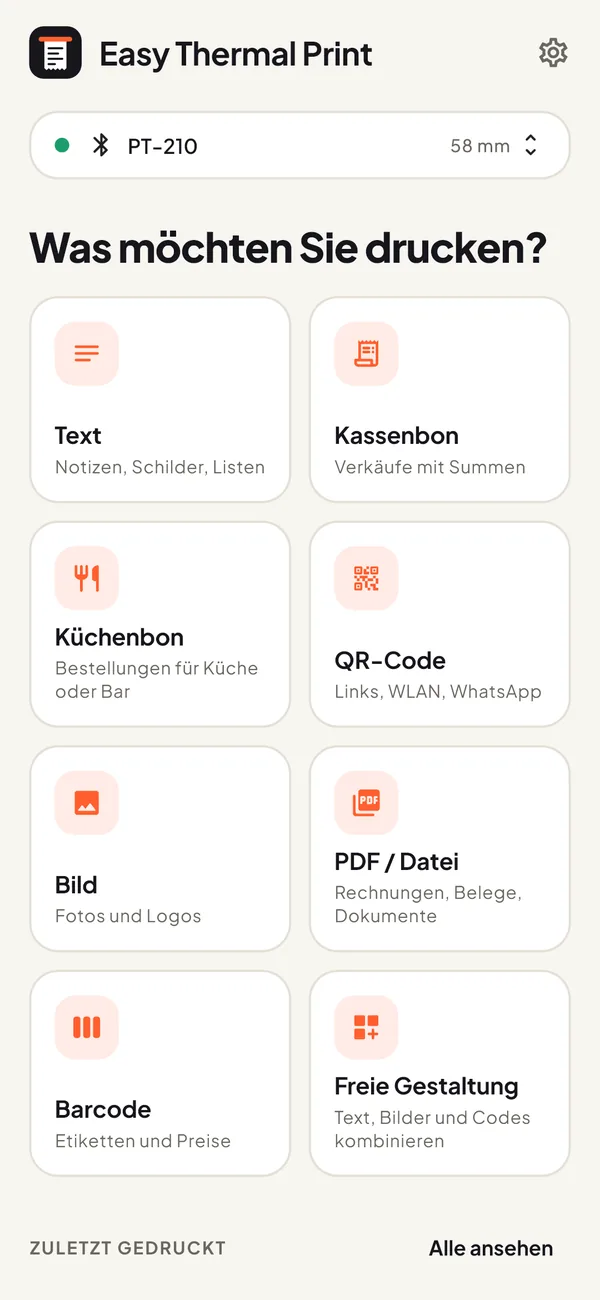 Startbildschirm von Easy Thermal Print: Text, Küchenbon, QR-Code, Bild, PDF, Barcode und freie Gestaltung