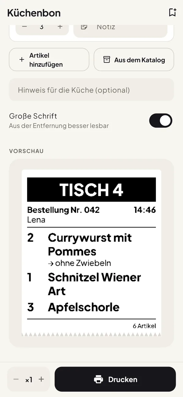 Vorschau eines Küchenbons für Tisch 4 vor dem Drucken