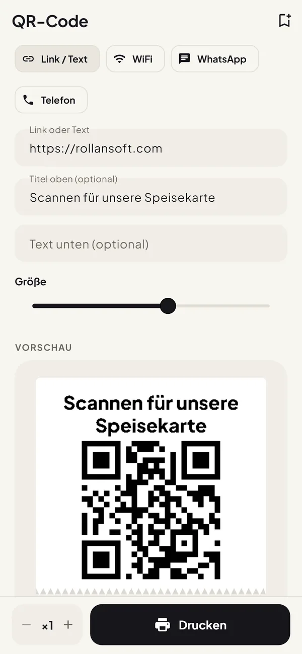 Bildschirm „QR-Code“ mit der Vorschau eines QR-Codes für die Speisekarte