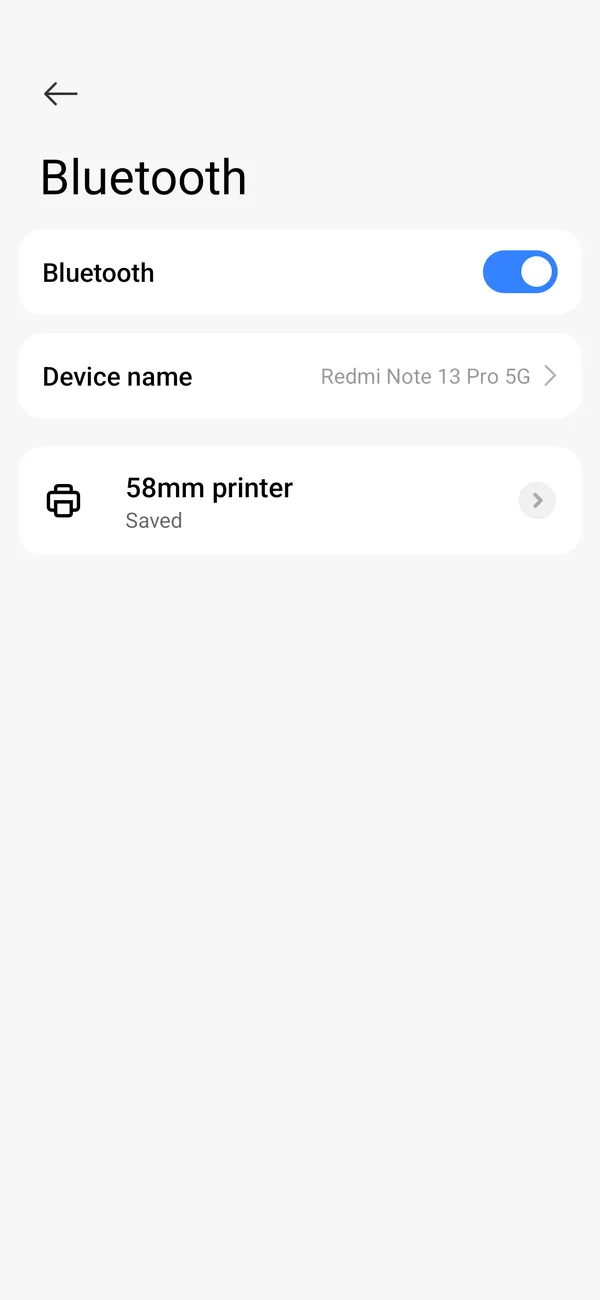 Android Bluetooth settings with a paired printer, “58mm printer”, marked as Saved