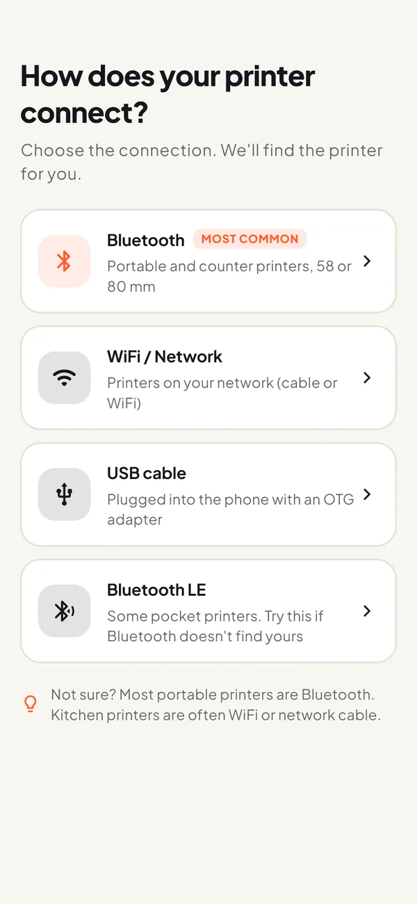 Connection screen: Bluetooth, WiFi or network, USB cable and Bluetooth LE