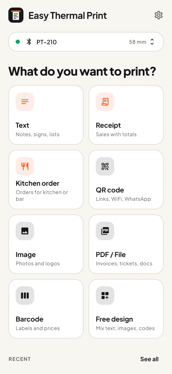Easy Thermal Print home screen: text, receipt, kitchen order, QR code, image, PDF, barcode and free design