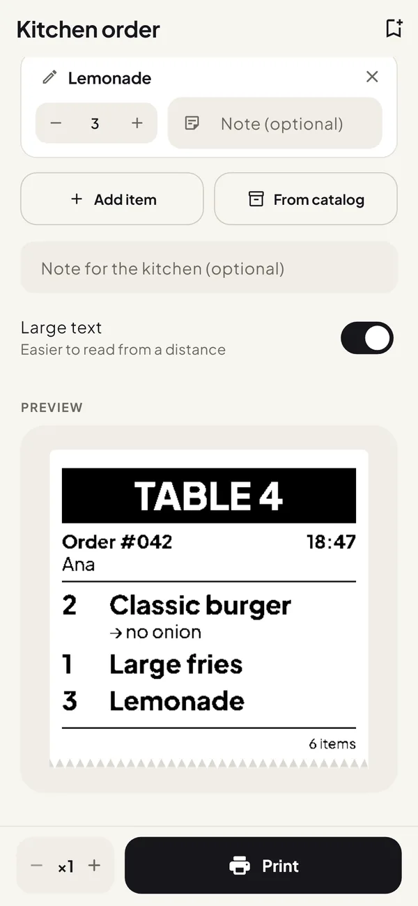 Kitchen order screen with the preview of the order for table 4