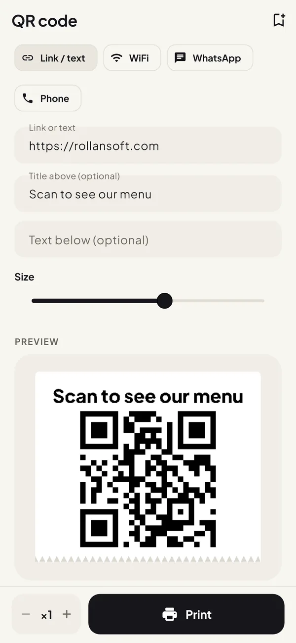 QR code screen with the preview of a scan-for-menu QR code
