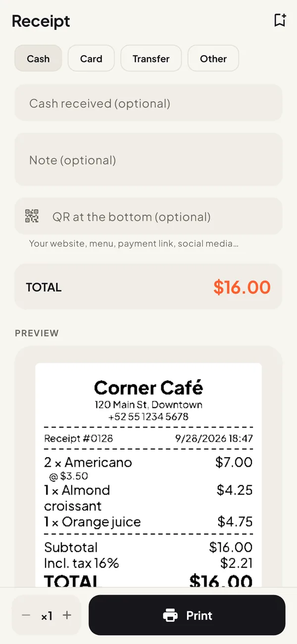 Preview of a sales receipt before printing