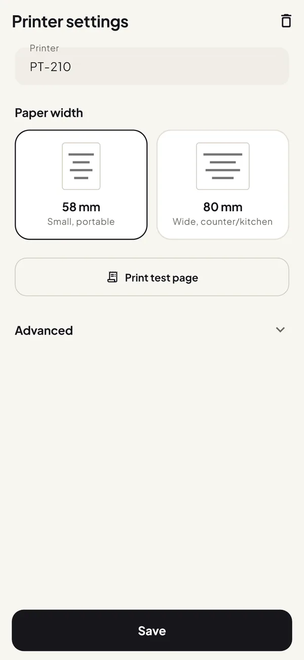 Printer setup in Easy Thermal Print with 58 mm and 80 mm paper options and a Print test page button