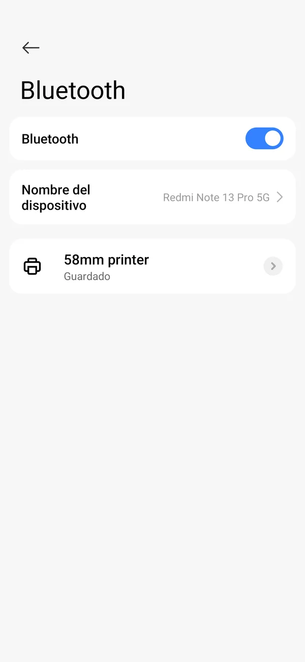 Ajustes de Bluetooth de un celular Android con la impresora “58mm printer” vinculada y marcada como Guardado