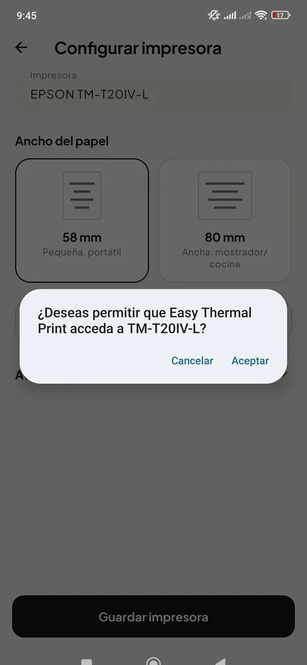 Aviso de Android que pregunta si Easy Thermal Print puede acceder a la impresora USB, con los botones Cancelar y Aceptar