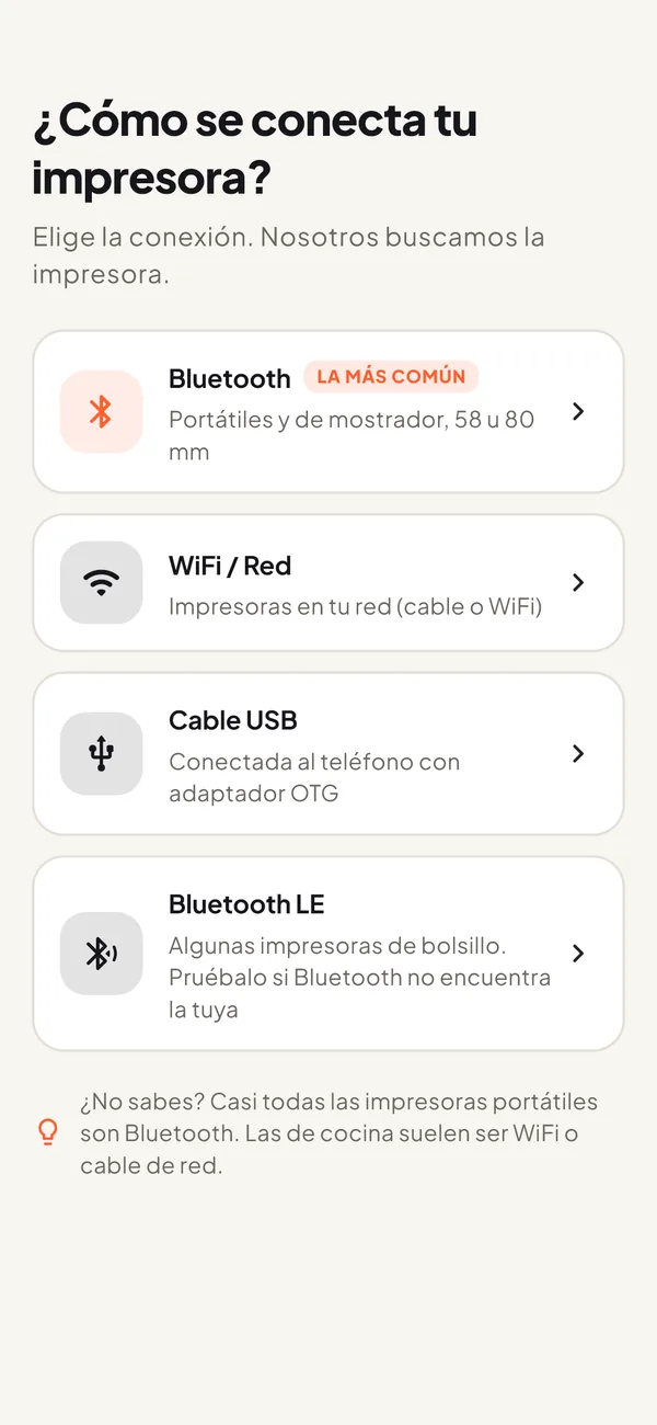 Pantalla para elegir la conexión: Bluetooth, WiFi o red, cable USB y Bluetooth LE