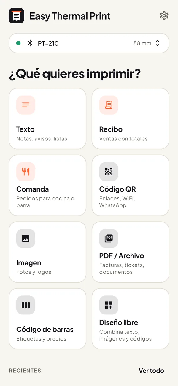 Pantalla de inicio de Easy Thermal Print: texto, recibo, comanda, código QR, imagen, PDF, código de barras y diseño libre