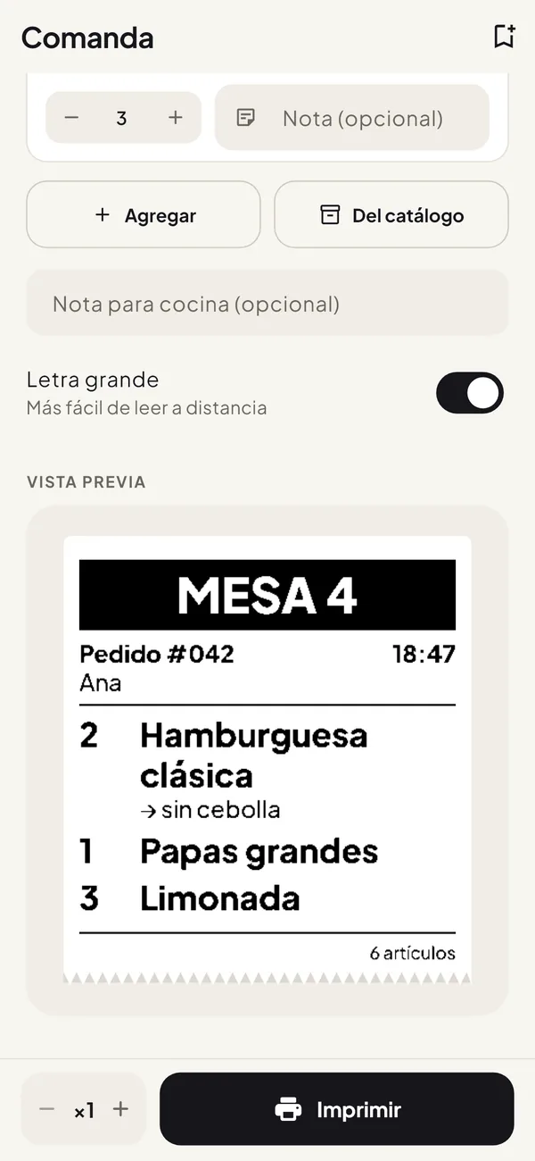 Pantalla de comanda con la vista previa del pedido de la mesa 4